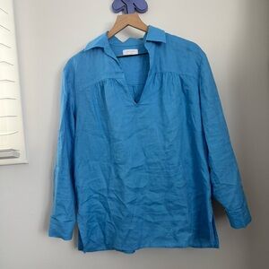 Aritzia Little Moon XS Seafront Linen Blouse Oversized Organic Collar Tunic Blue